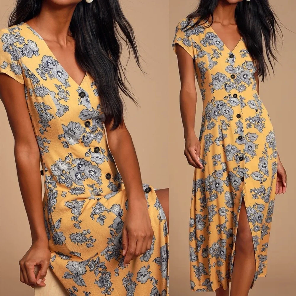 Lulus Lucinda Yellow Floral Print Button Front Midi Dress Small Rayon Blue